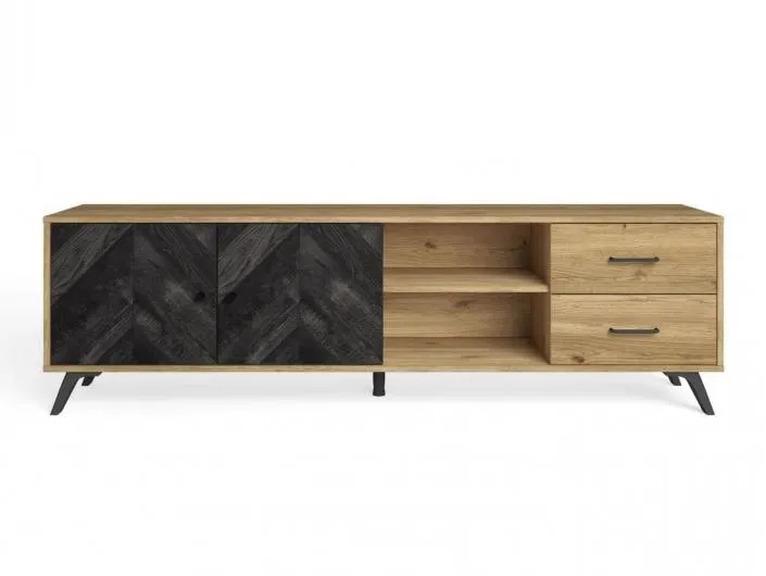 Mueble Tv Madera y Negro con 2 puertas y dos cajones