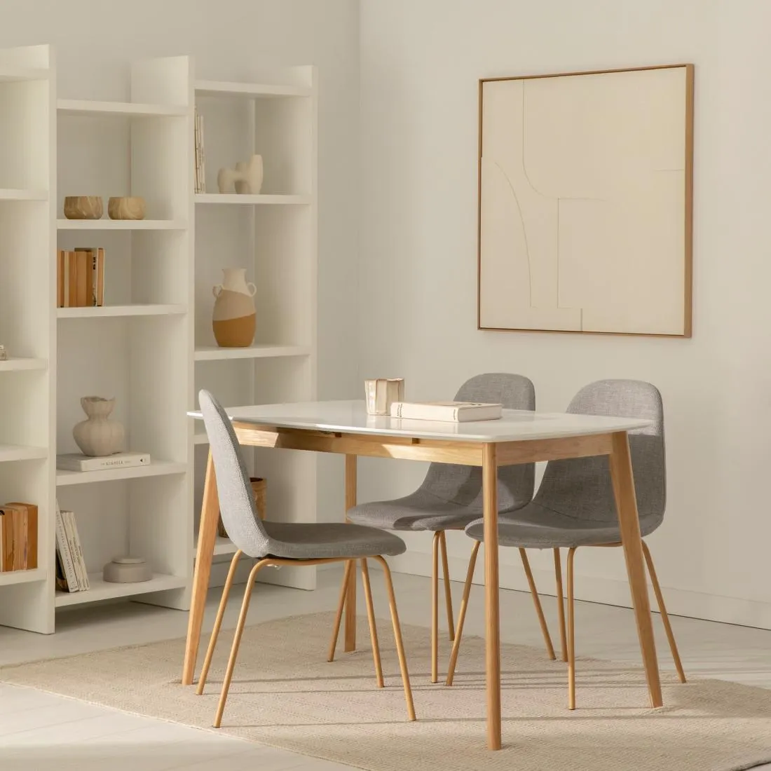 Mesa de comedor extensible rectangular blanca y natural 120