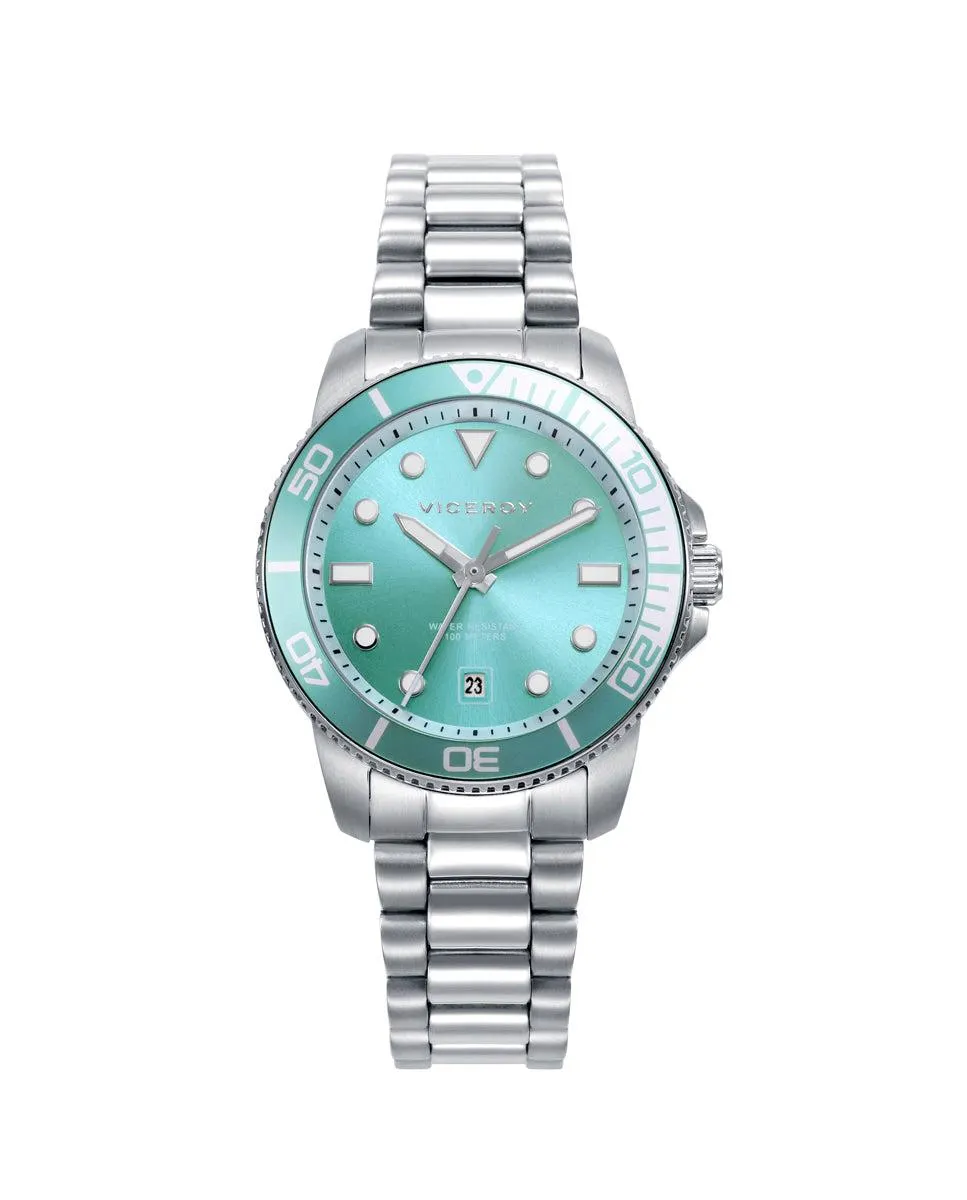 Reloj caja de acero con bisel de aluminio en color verde, 10 atm, brazalete de acero, movimiento cuarzo