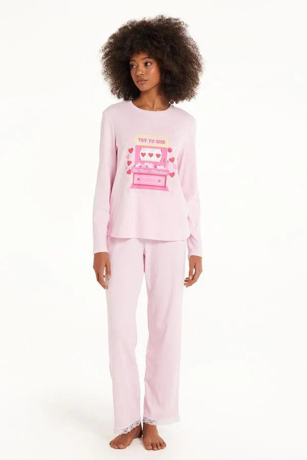 Pijama Largo de Algodón Grueso con Encaje y Estampado Love Machine