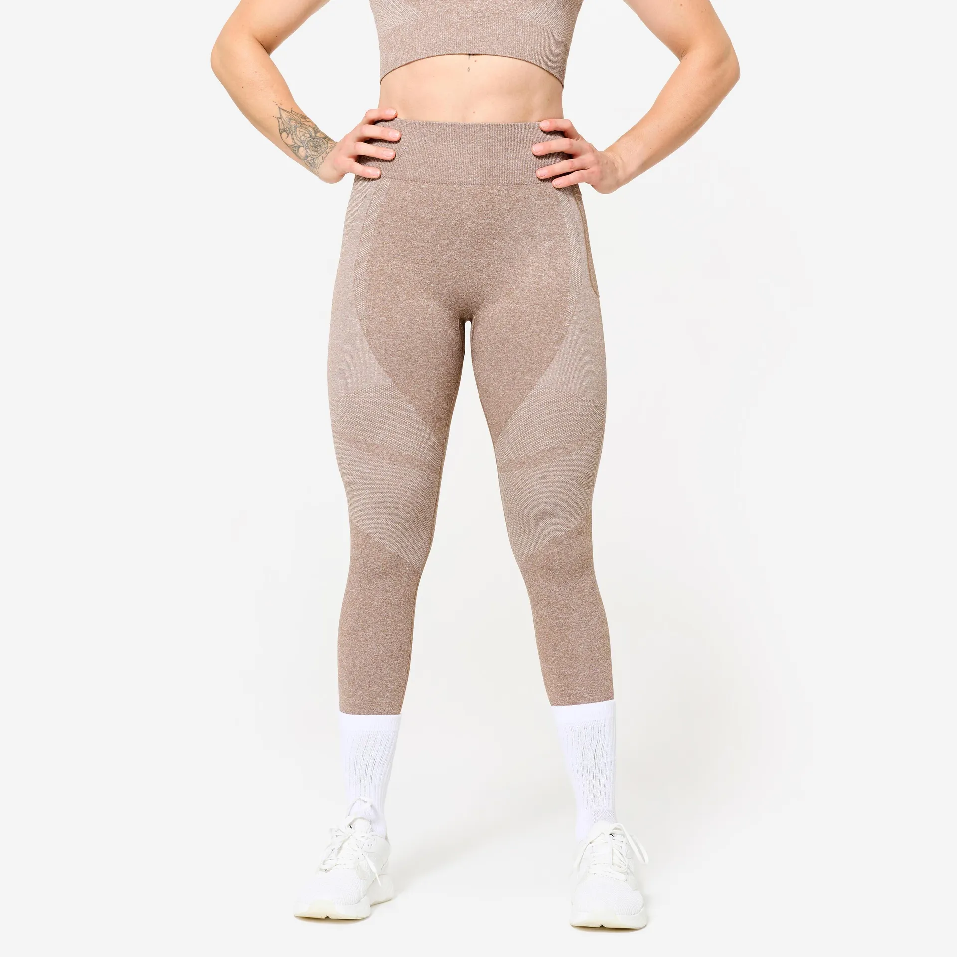 Leggings Fitness Mujer Marrón Talle Alto Sin Costuras Bolsillo Teléfono