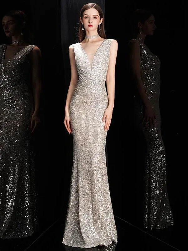 Vestido de noche Sirena Escote en V Hasta el suelo Sin mangas Cremallera Poliéster Vestidos de cena formales