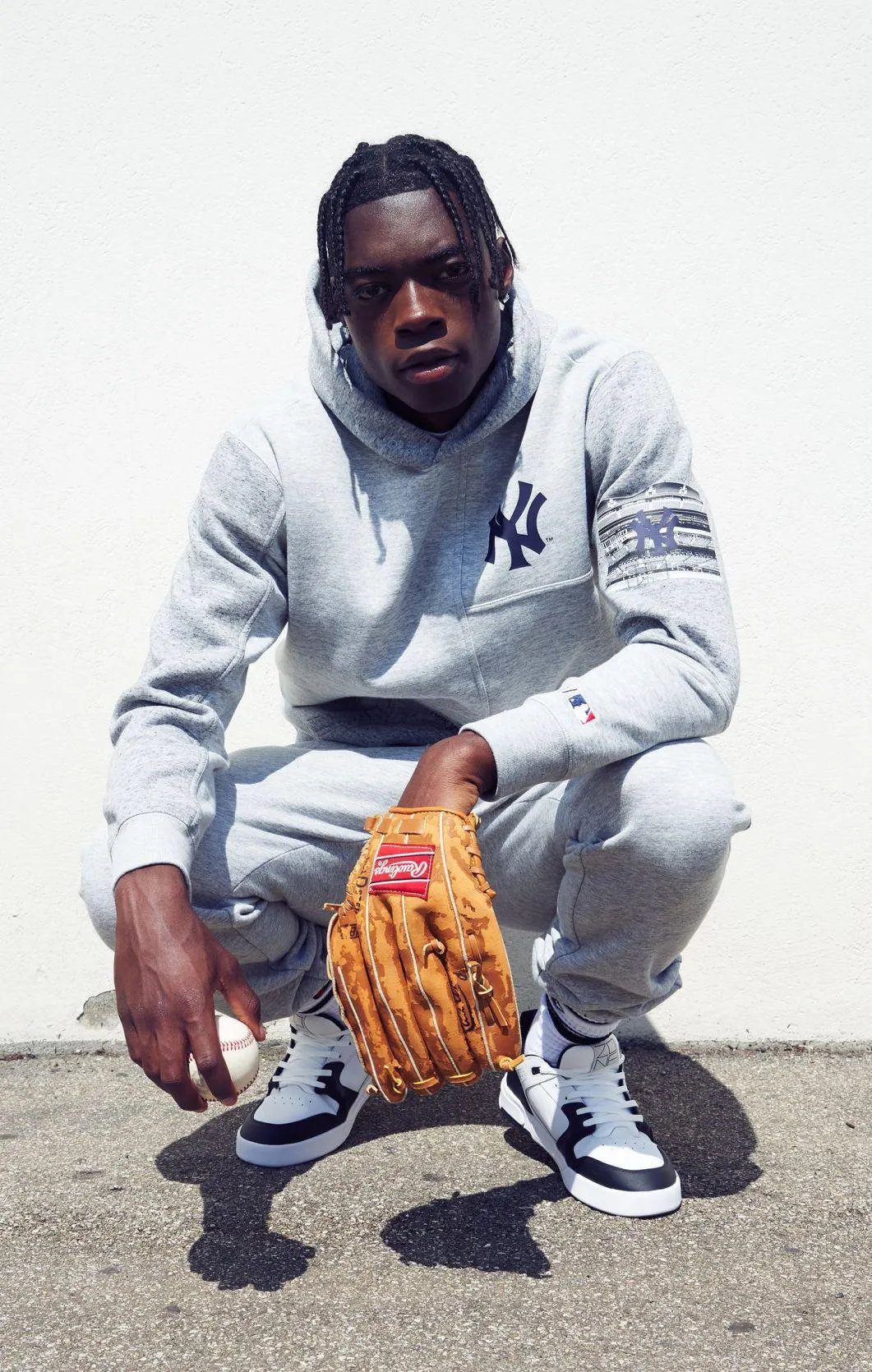 Light Grey Sudadera patchwork de felpa perchada MLB con capucha