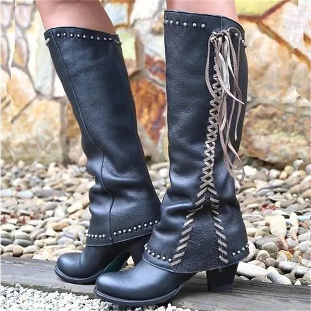 Mujer Botas Tallas Grandes Botas de tacon Exterior Diario Color sólido Botas hasta la rodilla Invierno Con Cordón Talón de bloque Dedo redondo Vintage Casual Minimalismo Cuero Sintético PU Cremallera