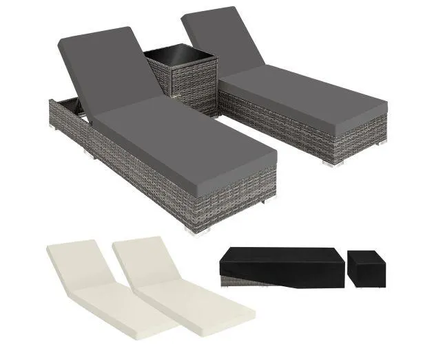 2 tumbonas de polirratán con estructura de aluminio y mesa gris