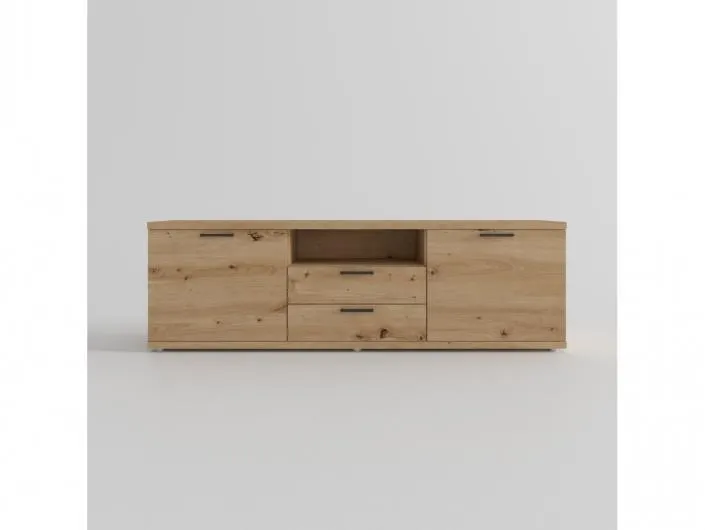 Mesa tv. 2 puertas,hueco y 2 cajones color artisan-negro de 180 cm.