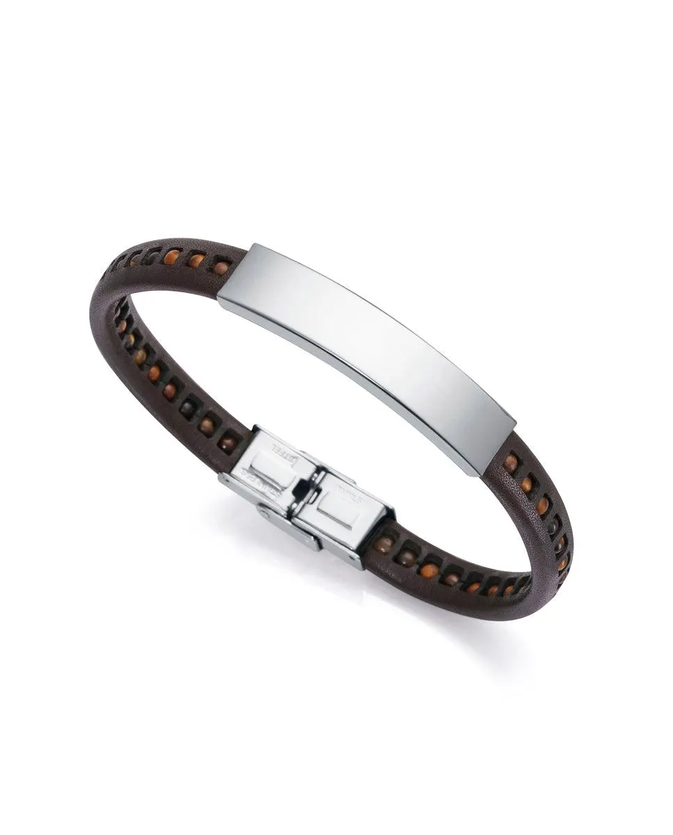 Pulsera Beat de acero con piel marrón y piedtras de ojo de tigre