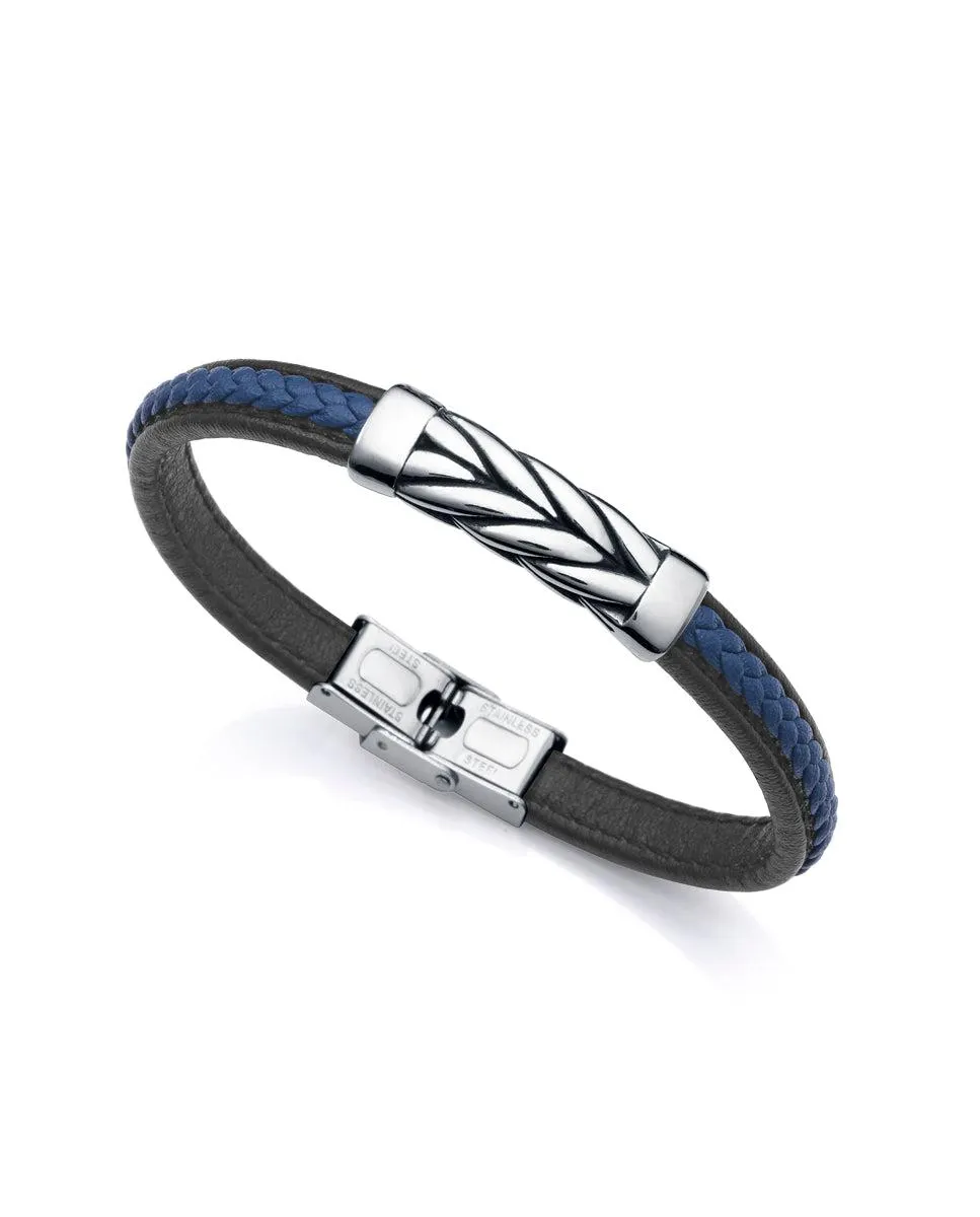 Pulsera Magnum de acero con piel negra y azul trenzada