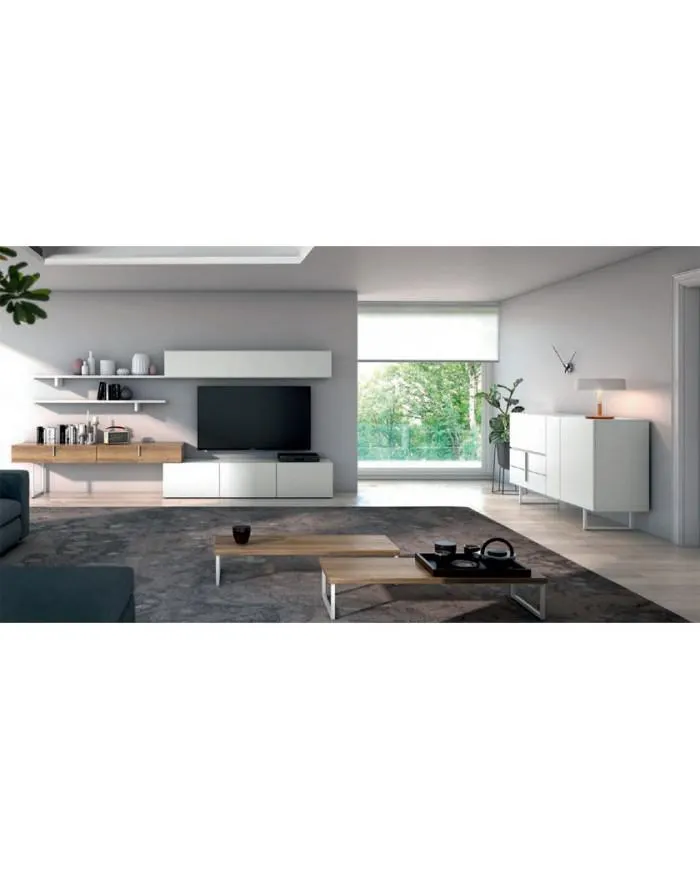 Mueble de TV con estanterías y un armario auxiliar en color madera blanca en Nattex