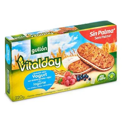 Galletas sándwich con avena y frutos rojos rellenas de yogurt Gullón Vitalday caja 220 g