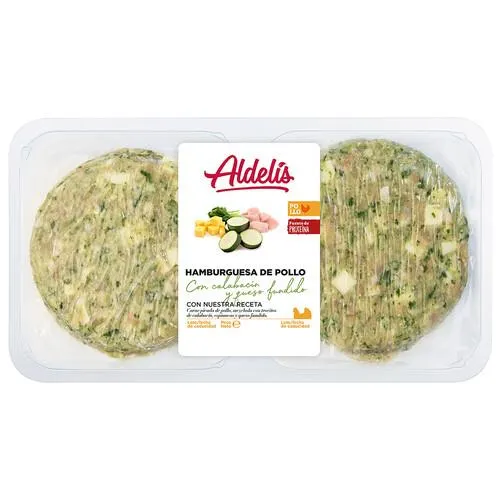 Bandeja con hamburguesa de pollo con calabacín, espinacas y queso fundido ALDELÍS 4 x 80 g.
