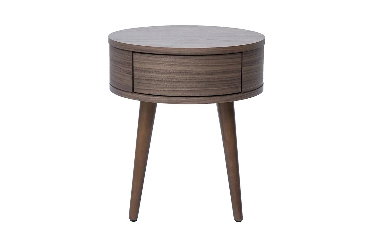 Mesa de noche redonda en madera oscura con cajón JUDITH