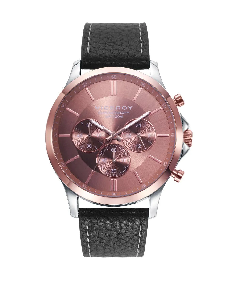 Reloj de hombre Dress con caja de acero bicolor y correa de piel negra