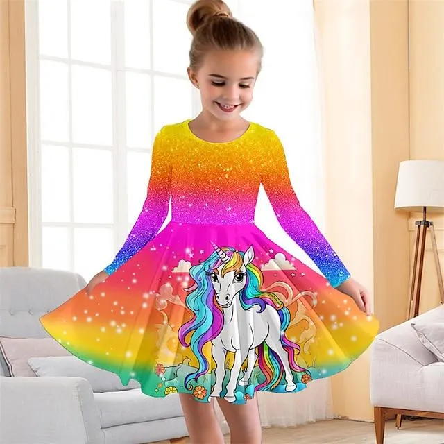 Vestido arcoíris de unicornio 3d para niña, rosa, manga larga, estampado 3d, deportes de otoño e invierno & Al aire libre, diario, vacaciones, lindo, informal, hermoso, niños de 3 a 12 años, vestido