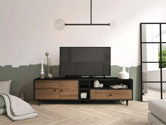 Mueble tv con puertas, cajones y huecos color bocamina-nogal sabi