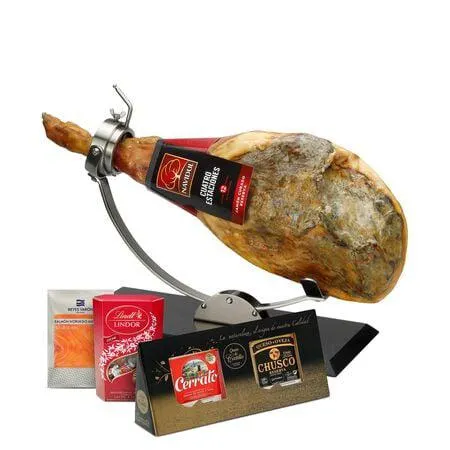 LOTE NAVIDAD: 1 jamón reserva 7,5K + 2 cuñas queso 225g + salmón ahumado pack 2 de 200g + 1 caja bombones 200g