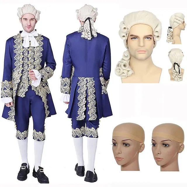 Conjunto con gabardina, pantalones, chaleco, cuello, mangas, peluca colonial, 2 gorros de peluca, trajes victorianos barrocos rococó, disfraz de cosplay para hombre, actuación de halloween, fiesta de