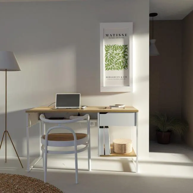 Mesa de escritorio Shira multiposición blanco y roble gold de 76x137,5x58cm