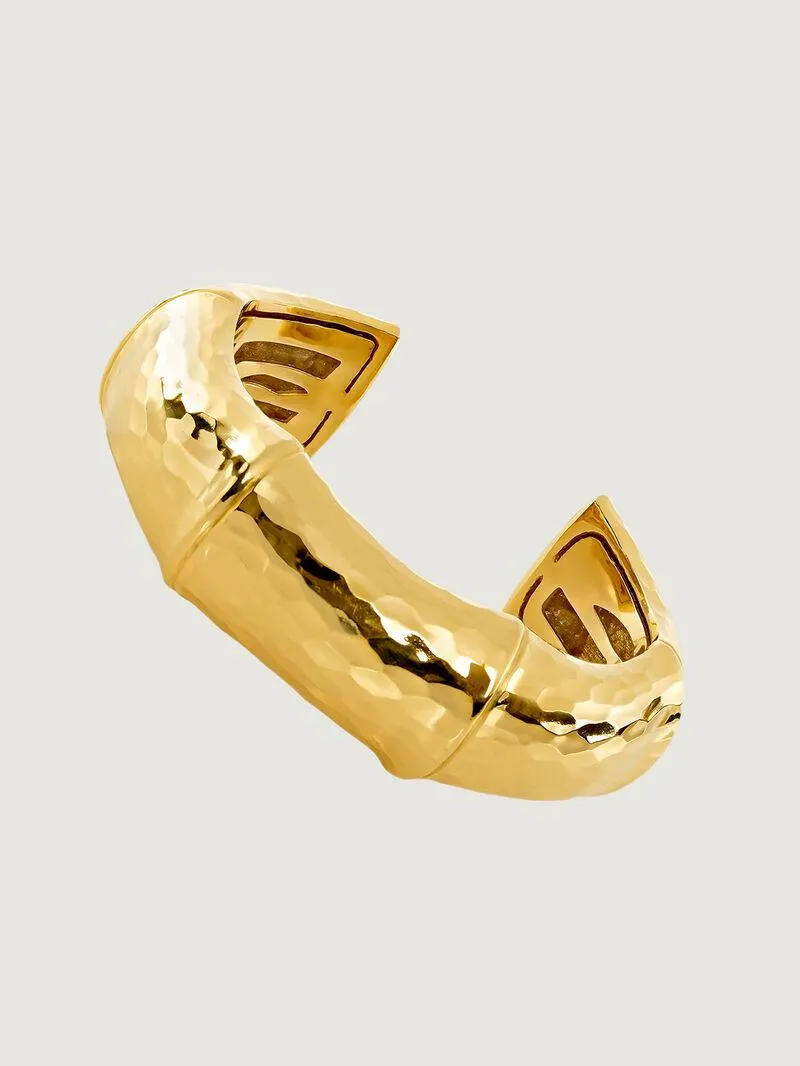 Brazalete rígido de plata 925 bañada en oro amarillo de 18K con forma de bambú