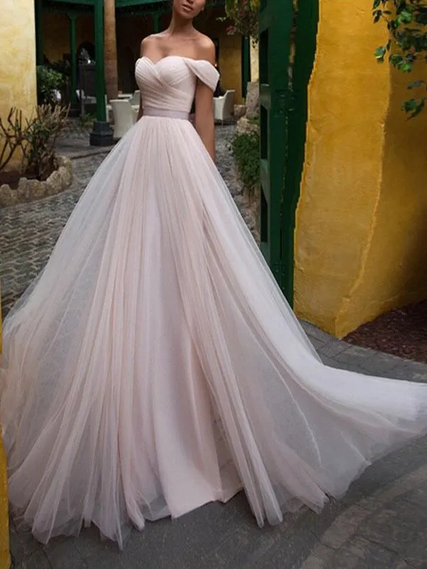 Vestidos de novia 2024 Una línea fuera del hombro Mangas cortas Fajín Escote corazón Vestidos de novia