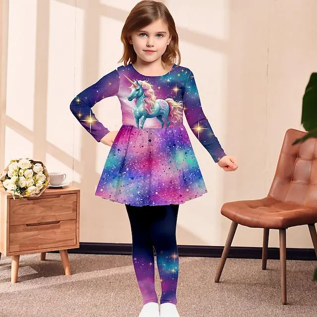 Chica 3D Graphic Galaxia Unicornio Camiseta y Pantalones Conjunto de vestido Conjunto de Ropa Manga Larga Impresión 3D Primavera Otoño Invierno Activo Moda Diario Poliéster Niños 3-12 años Exterior