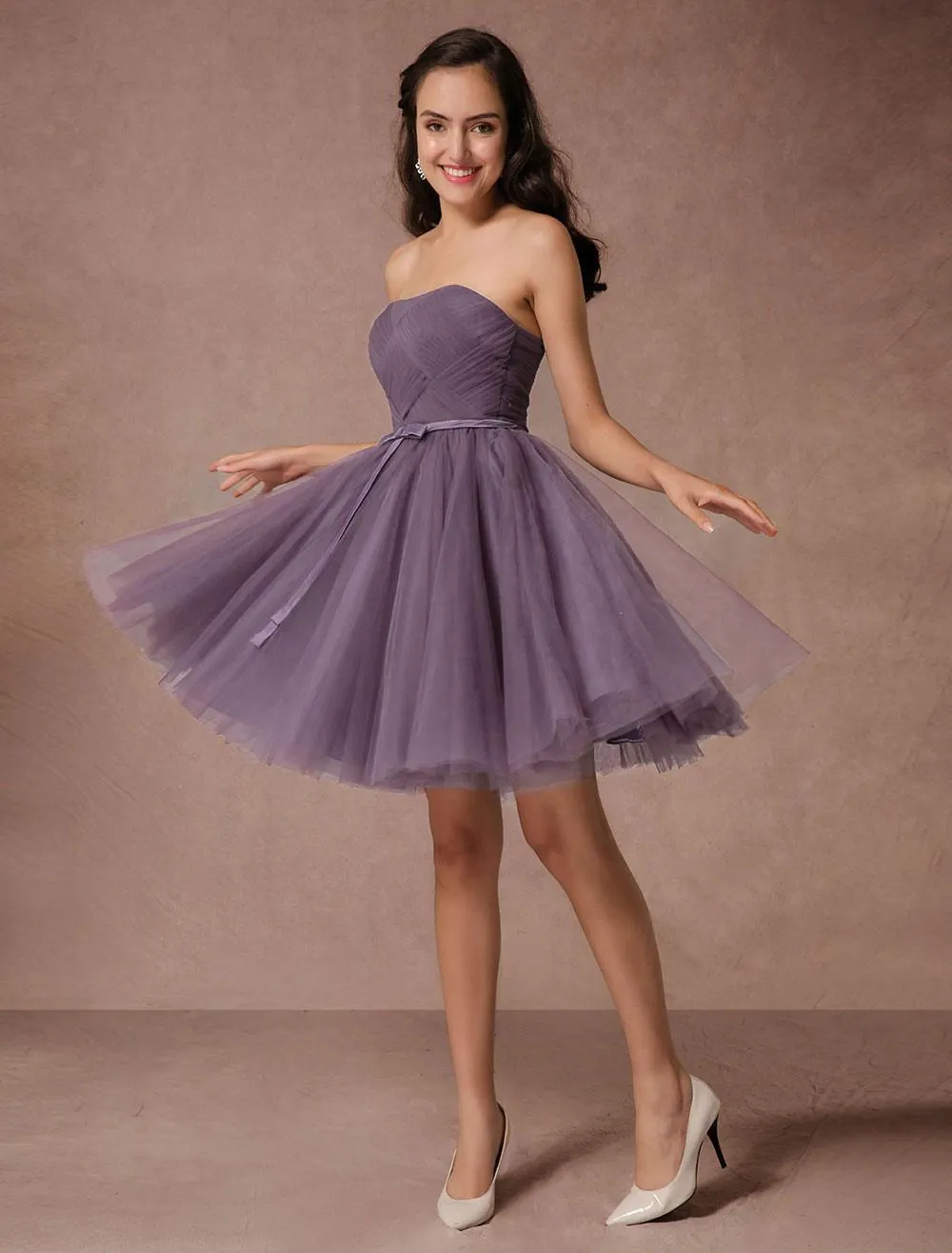 Short de Dama de honor vestido de ciruela tul Homecoming vestido corto de baile vestido sin espalda tejido vestido de cóctel con faja