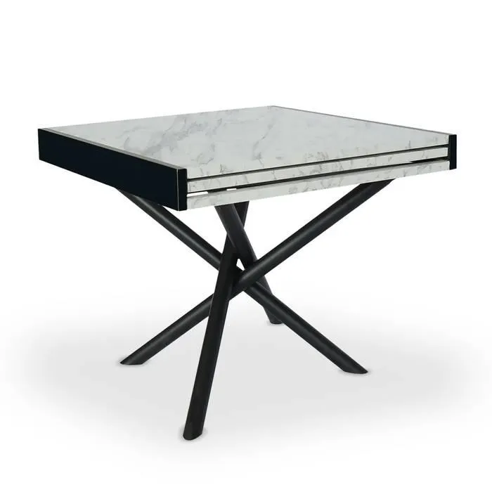 Mesa extensible moderna Liberac L90-180cm Metal negro y madera efecto mármol blanco