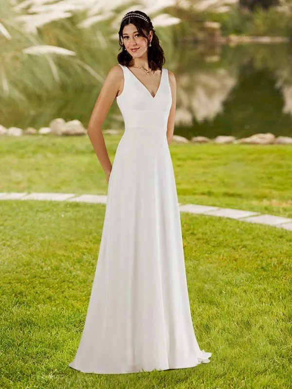 Vestido de novia simple Línea A Escote en V Sin mangas Botones Vestidos de novia