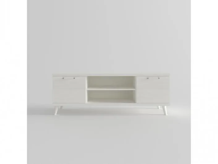 Mesa tv. 2 puertas y huecos con patas redondas color polar de 140 cm.