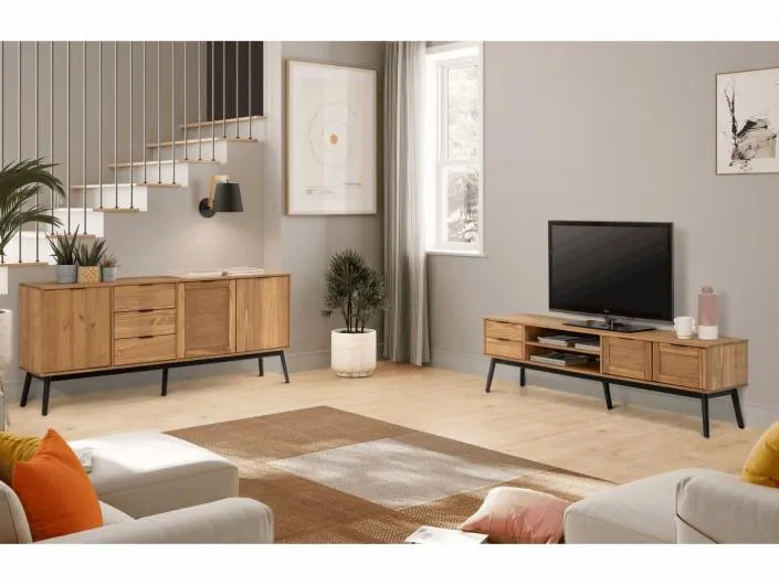 Mueble tv 2 puertas 2 cajones y 2 huecos color cera y rattan