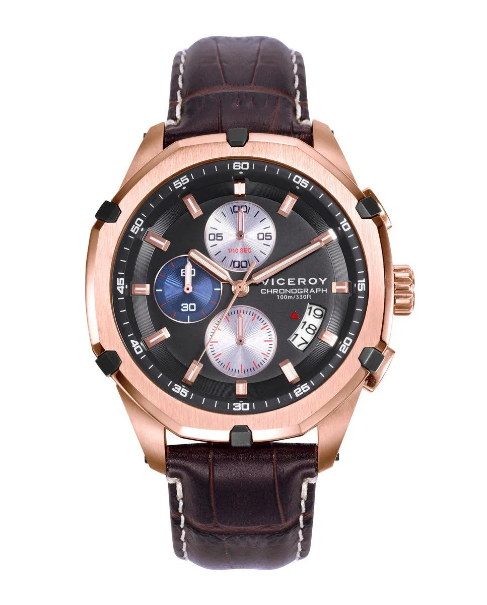 Reloj de Hombre Magnum caja de acero Ip rosa y correa de piel marrón