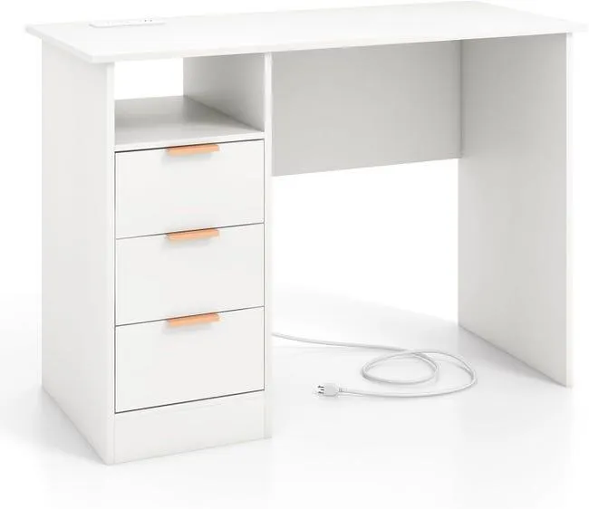 Escritorio de 105 cm con tomas de corriente, 3 cajones, compartimento abierto, estación de trabajo moderna con puertos USB y Tipo-C, blanco