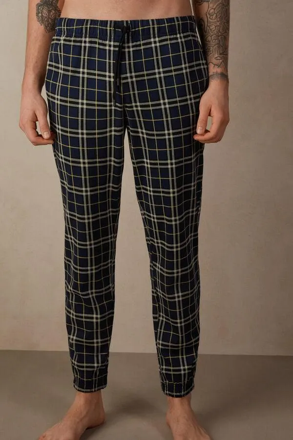Blue Tartan Pattern Cotton Full-Length Pants