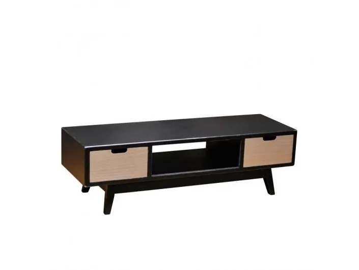 Mueble tv color negro y madera con 2 cajones