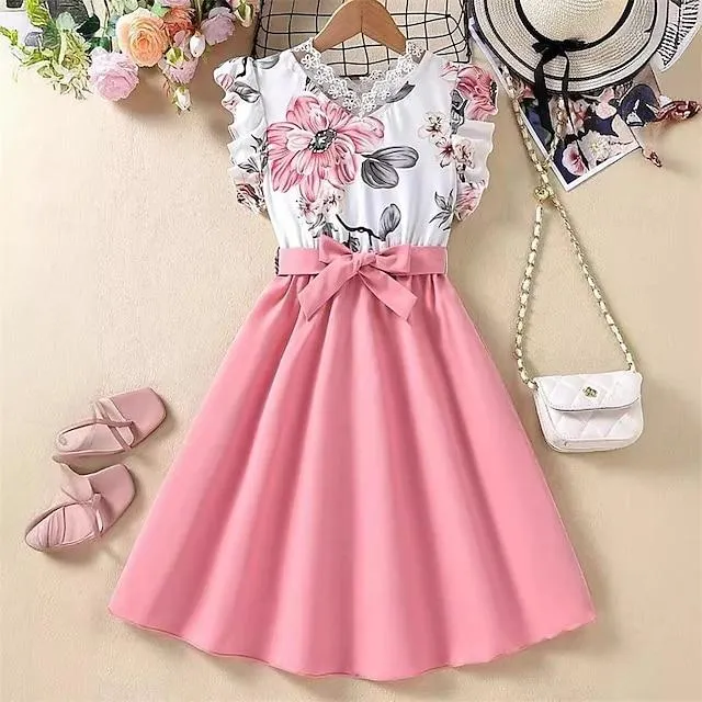 Vestido midi con cinturón y cintura alta con ribete de volantes florales, sin mangas, cuello en V y encaje para niña