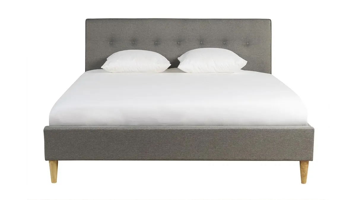 Cama 2 plazas 160 x 200 cm con cabecero de cama de tela gris claro LEONCE