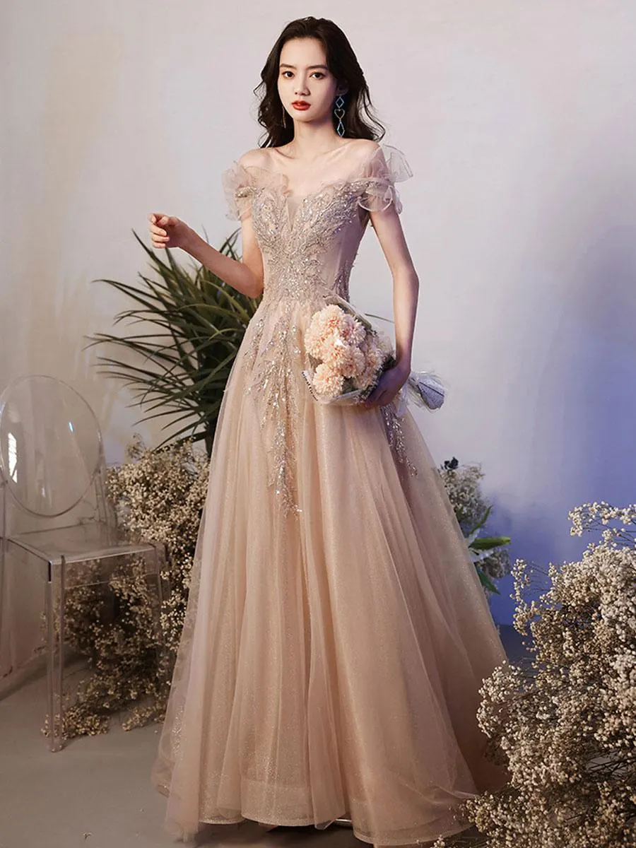 Vestido de noche Corte A Escote ilusión Hasta el suelo Manga corta Apliques con cordones Vestidos de fiesta formales de tul