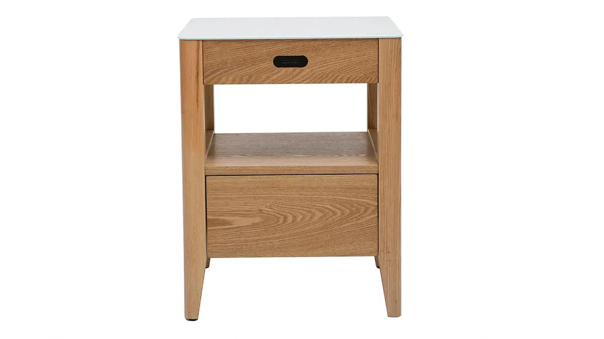 Mesilla de noche con conexión multimedia, cristal templado blanco y madera clara TEMPO