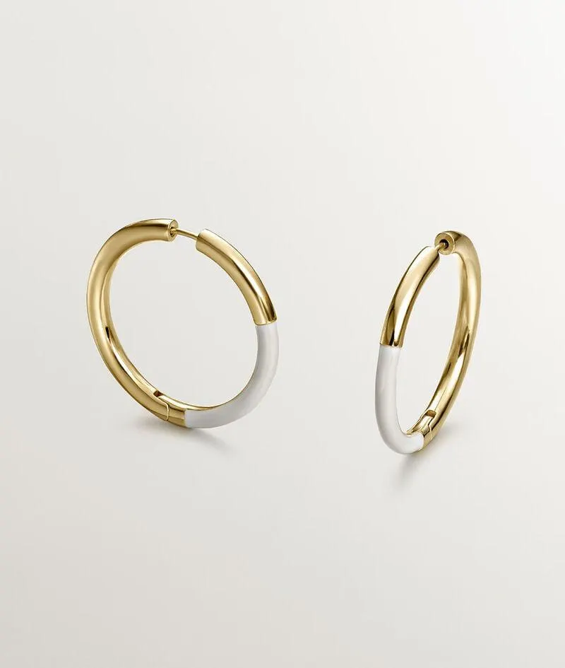 Pendientes de aro grandes de plata 925 bañada en oro amarillo de 18K con esmalte blanco