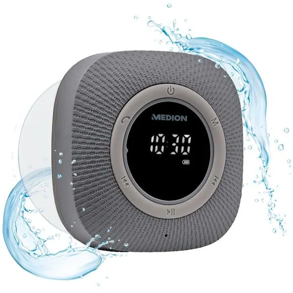 MEDION® Radio para la ducha LIFE® P66096, pantalla LED, radio VHF, protección IPX6, Bluetooth® 5.0, potencia de salida 30 W