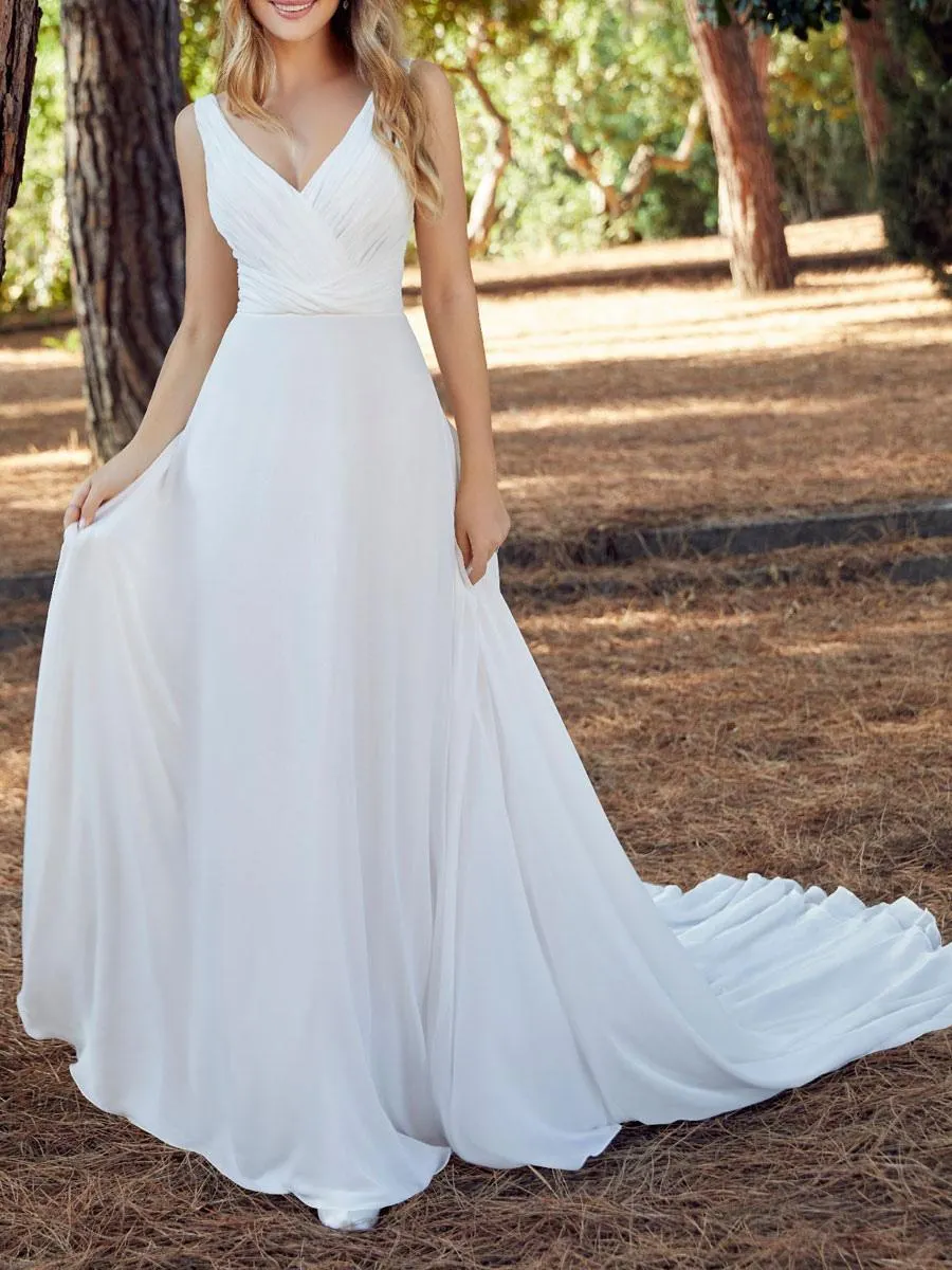 Vestido de novia blanco simple Encaje con cuello en V Manga larga Encaje A-Line Vestidos de novia de gasa de encaje