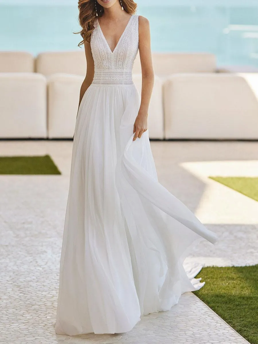 Vestido de novia simple Encaje con cuello en V Sin mangas Línea A Vestidos de novia Personalización gratuita