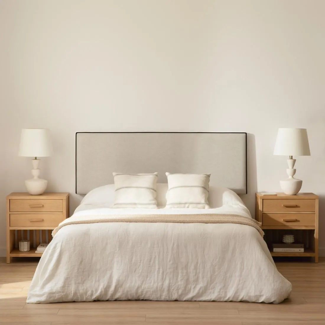 Cabecero tapizado 150/160 beige ribete negro