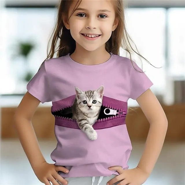 Chica 3D Gato Camiseta Camisas Rosa Manga Corta Impresión 3D Verano Activo Moda Estilo lindo Poliéster Niños 3-12 años Cuello Barco Exterior Casual Diario Ajuste regular