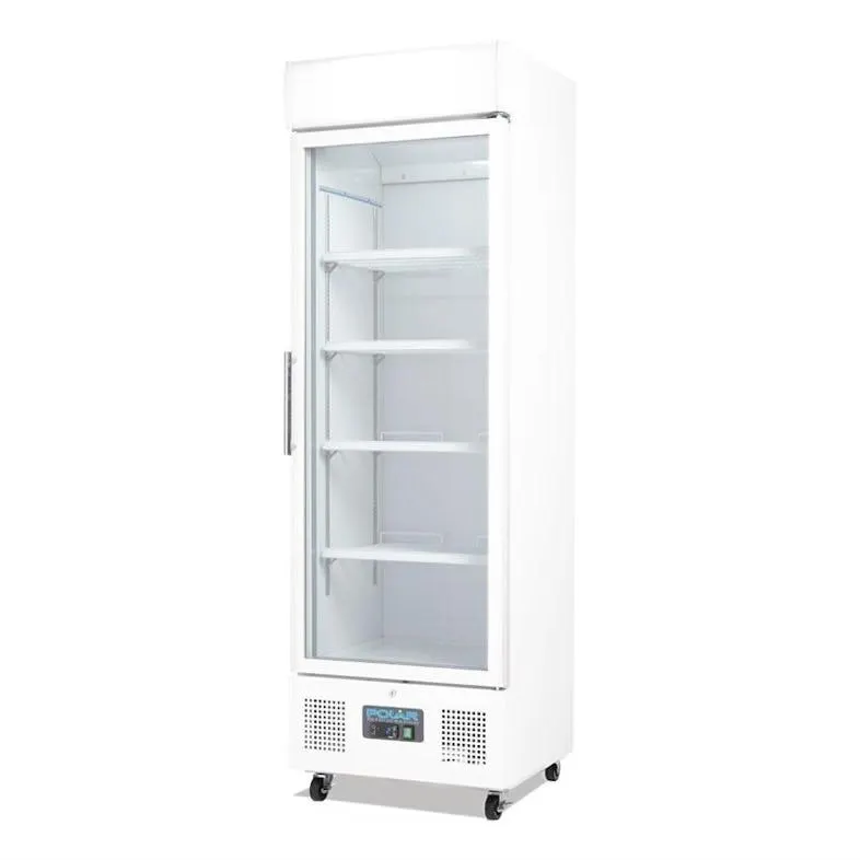 Frigorífico expositor para bebidas con panel iluminado, blanco, con puerta de vidrio, con cerradura, Polar 368L DM076