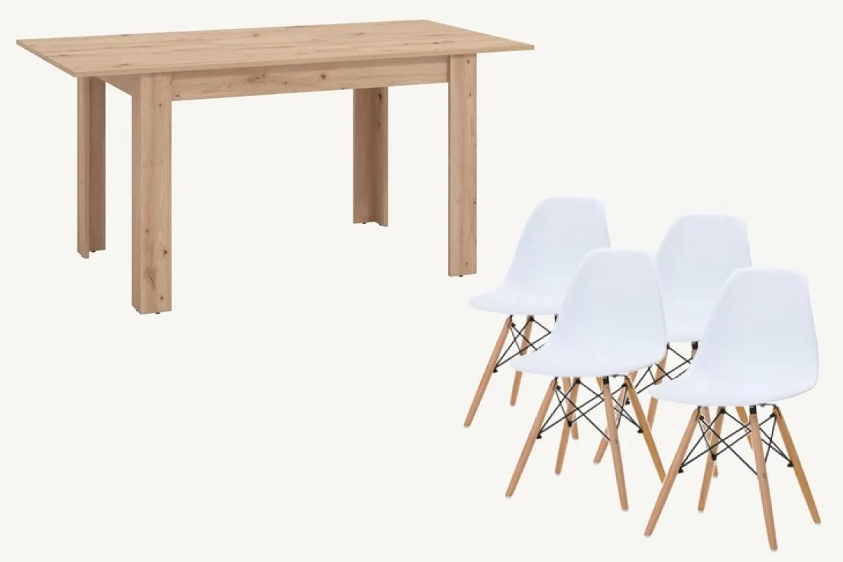 PACK Mesa HAMAR Roble + 4 Sillas NORDIC Blancas diseño