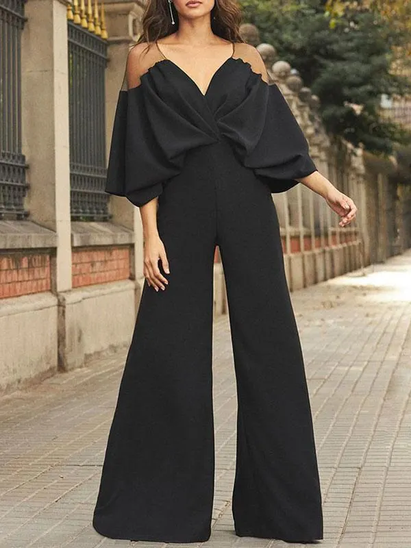 Vestido de noche negro Cuello en V Crepé elástico Medias mangas Sin espalda Hasta el suelo Vestidos de fiesta formales