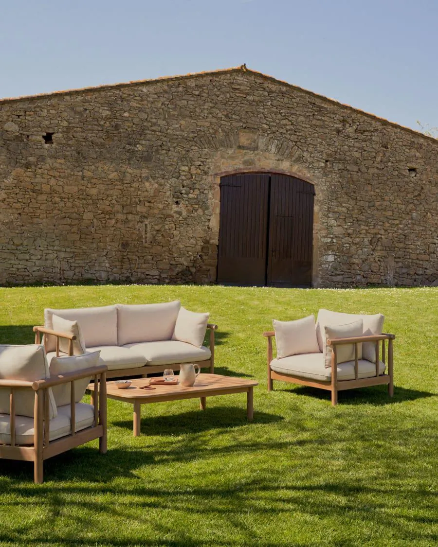 Set Sacova de 2 sillones, sofá 2 plazas y mesa de centro madera maciza eucalipto FSC 100%