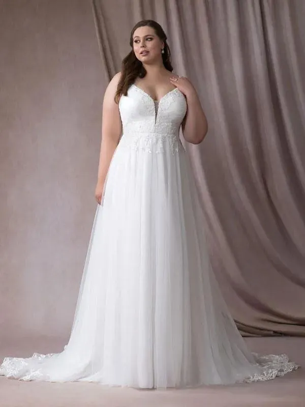 Vestido de novia simple Poliéster Escote en V Sin mangas Encaje Una línea de vestidos de novia