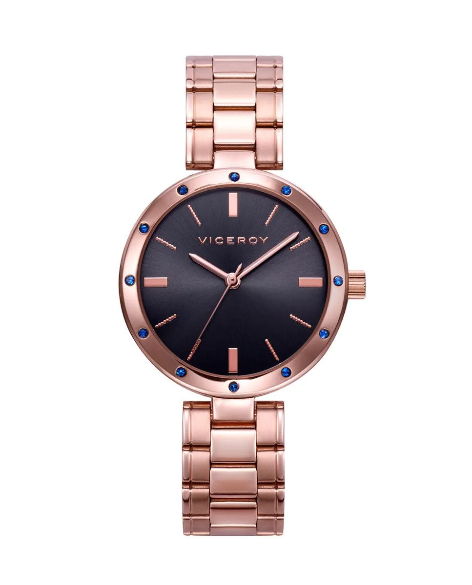 Reloj de mujer Kiss tres agujas de acero Ip rosa y esfera negra